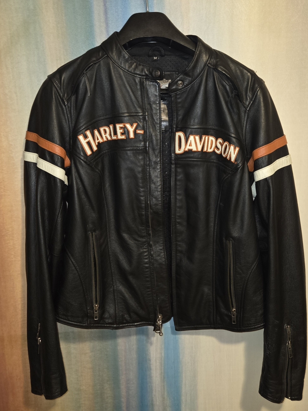 Harley-Davidson Women's Black Leather Racing Jacket with Orange & White Stripes